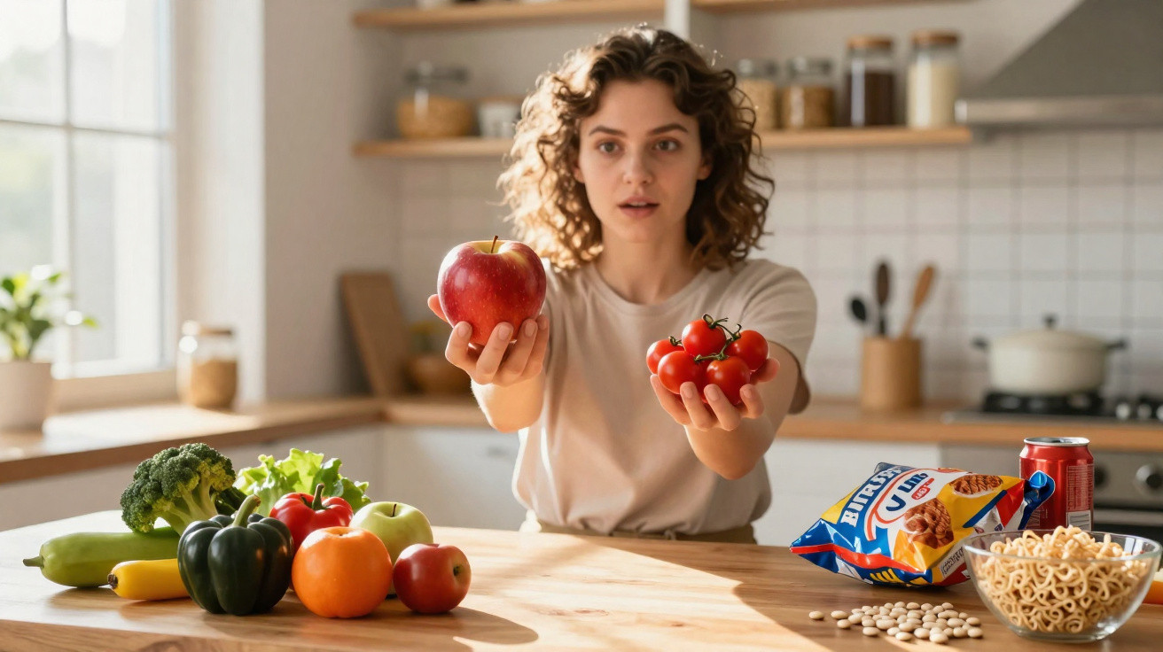 Femme tenant une pomme rouge et des tomates cerises, avec légumes et aliments transformés sur la table de cuisine.