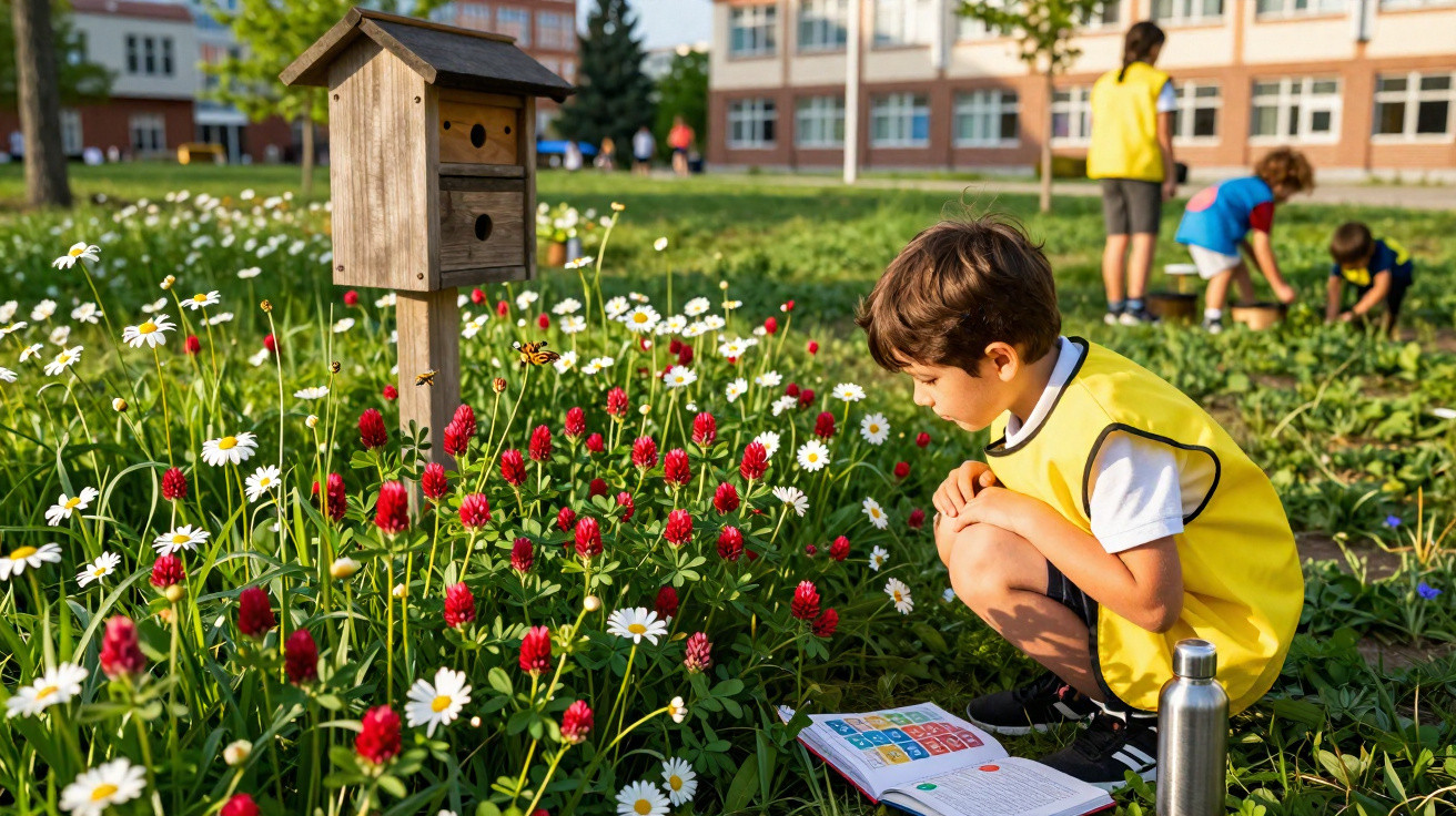 Enfant en gilet jaune observe un jardin fleuri près d'un nichoir, avec d'autres enfants en arrière-plan.
