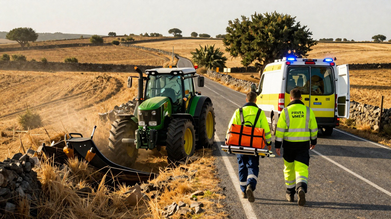Tracteur accidenté dans un fossé au bord d’une route, deux secouristes s’approchant d’une ambulance allumée.