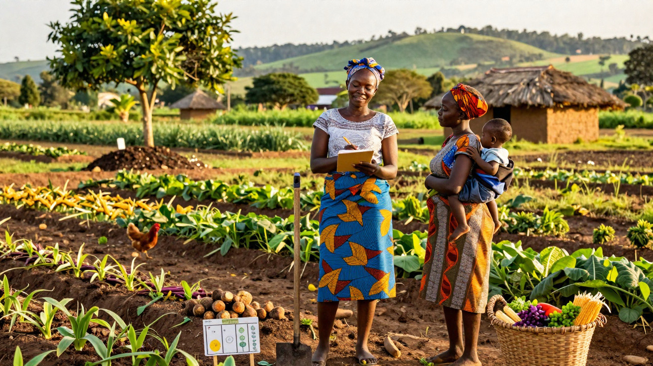 Deux femmes en tenue colorée dans un champ cultivé, l'une écrit sur un carnet, l'autre porte un enfant.