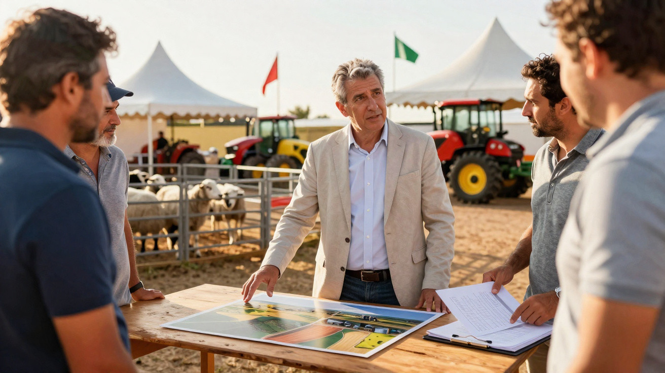 Un homme en veste expliquant un plan à quatre agriculteurs près de moutons et de tracteurs lors d'une réunion en plein air.