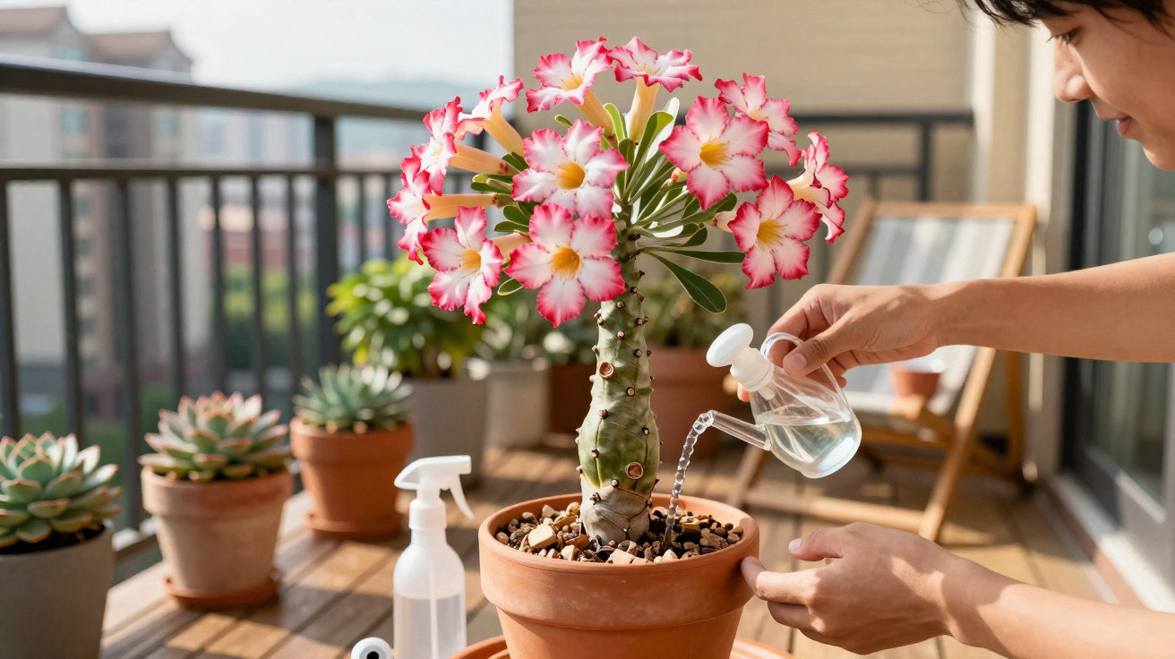 Personne arrosant une plante fleurie rose dans un pot en terre sur un balcon ensoleillé.