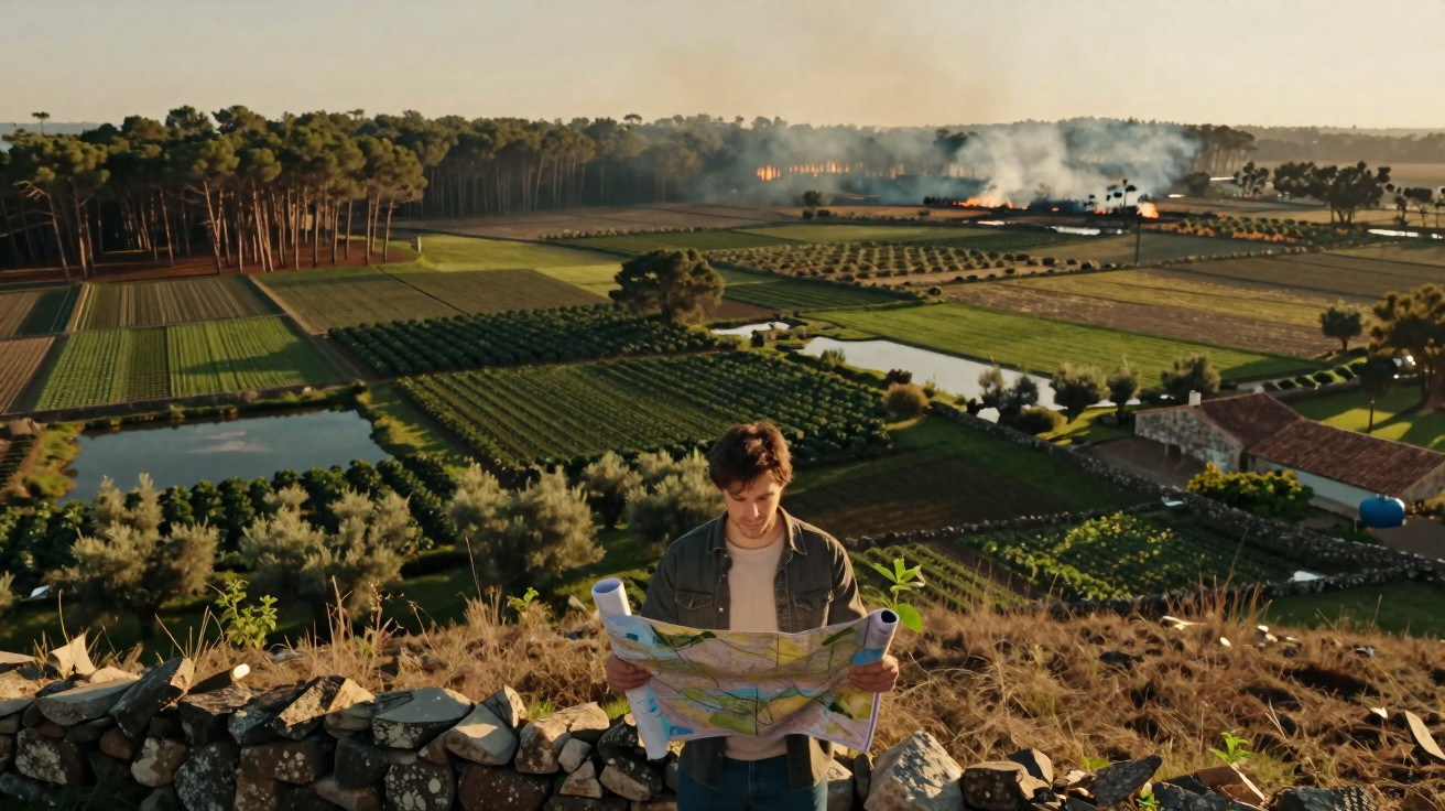 Homme tenant une carte devant un paysage agricole avec champs, arbres, étangs et un incendie au loin.