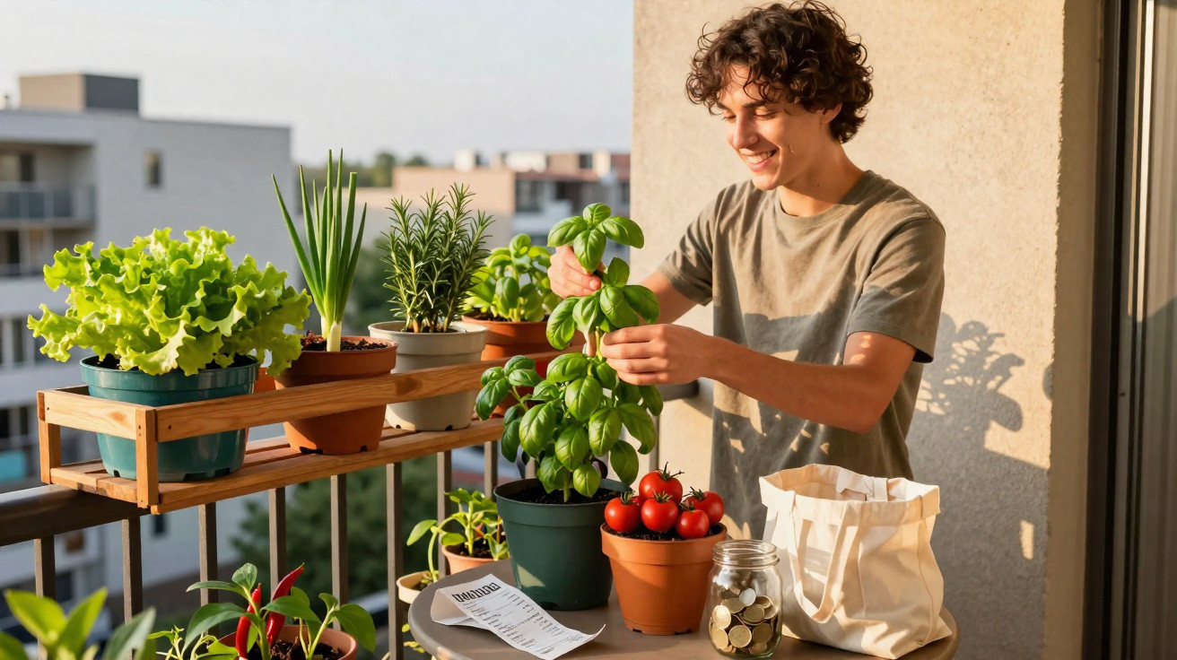 Jeune homme souriant prenant soin de plantes aromatiques et légumes sur un balcon ensoleillé.