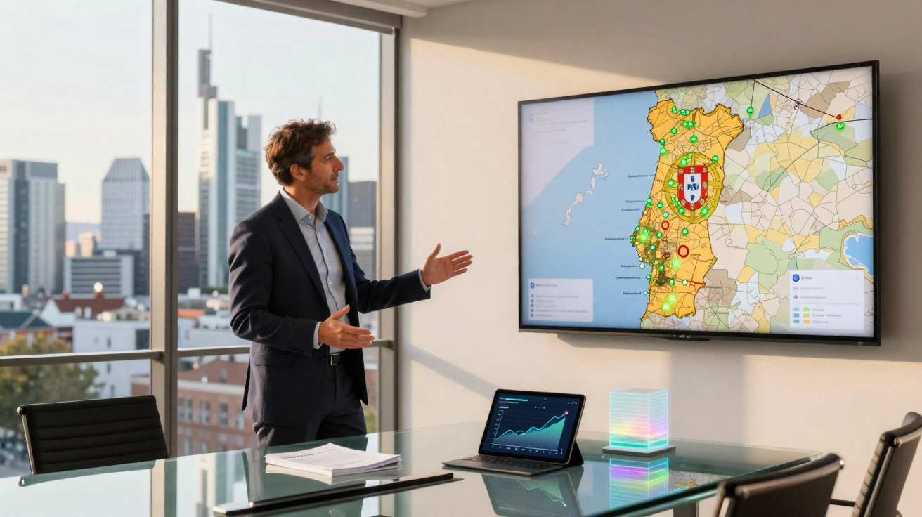 Homme en costume présentant une carte du Portugal avec graphiques dans une salle de réunion moderne.