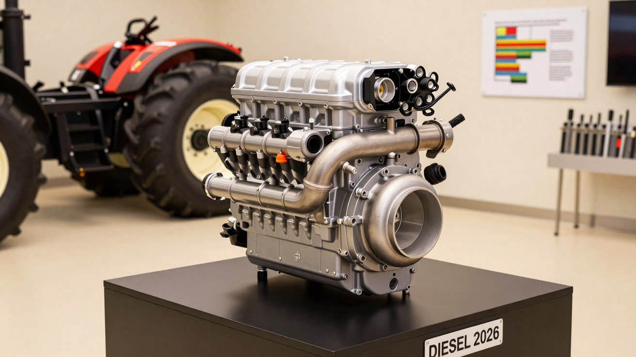 Moteur Diesel futuriste exposé sur un socle, avec un tracteur rouge flou en arrière-plan.