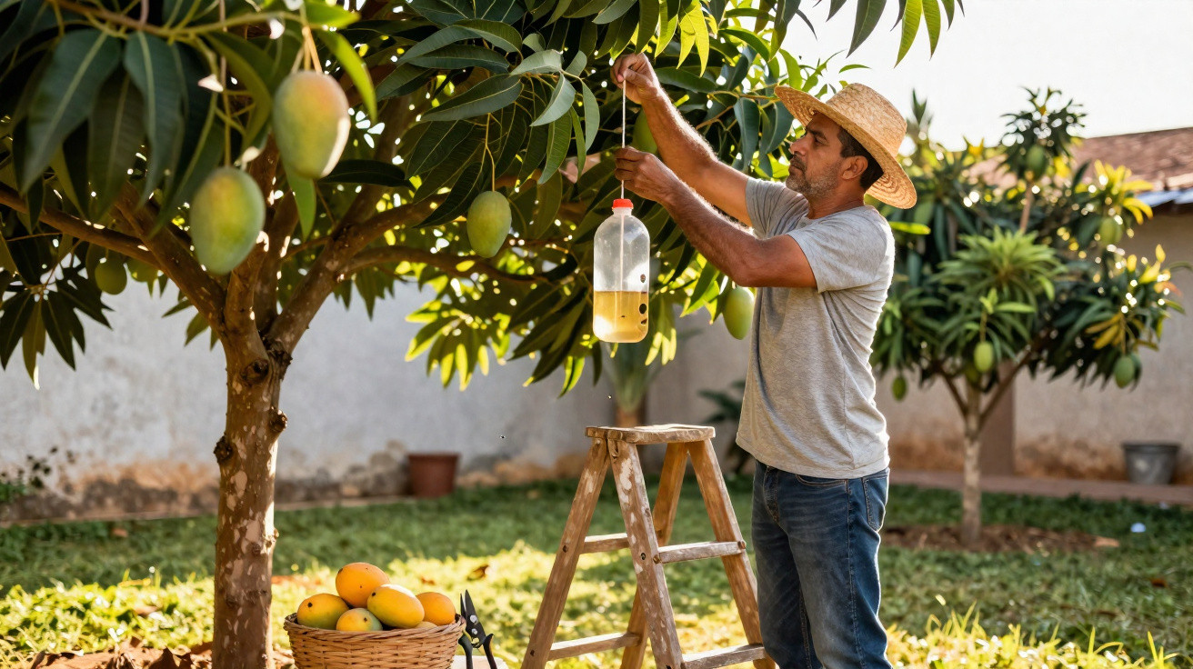 Homme avec chapeau suspend une bouteille piège sur un arbre à mangues dans un jardin ensoleillé.