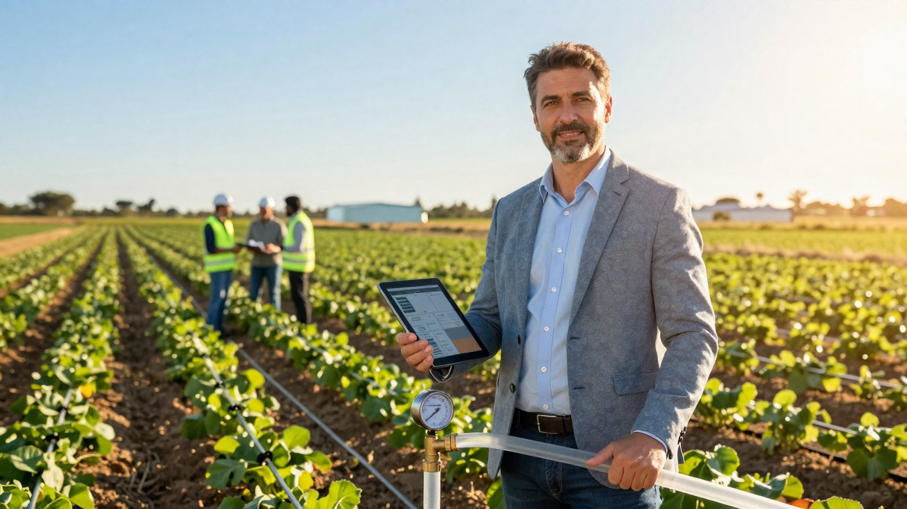 Homme en veste avec tablette contrôlant un système d'irrigation dans un champ ensoleillé.