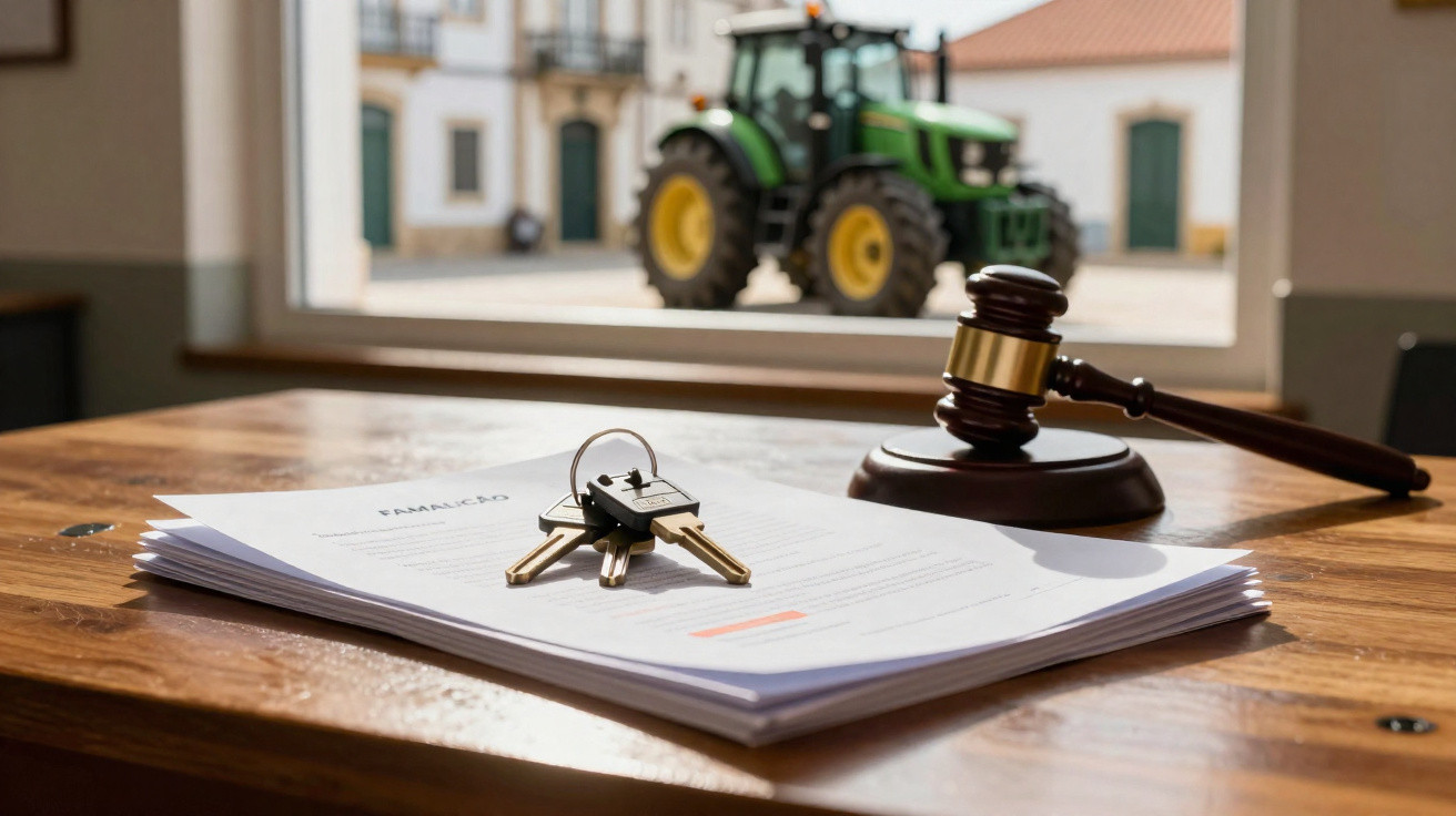 Pile de documents sur une table avec clés, marteau de juge, et un tracteur flou en arrière-plan.