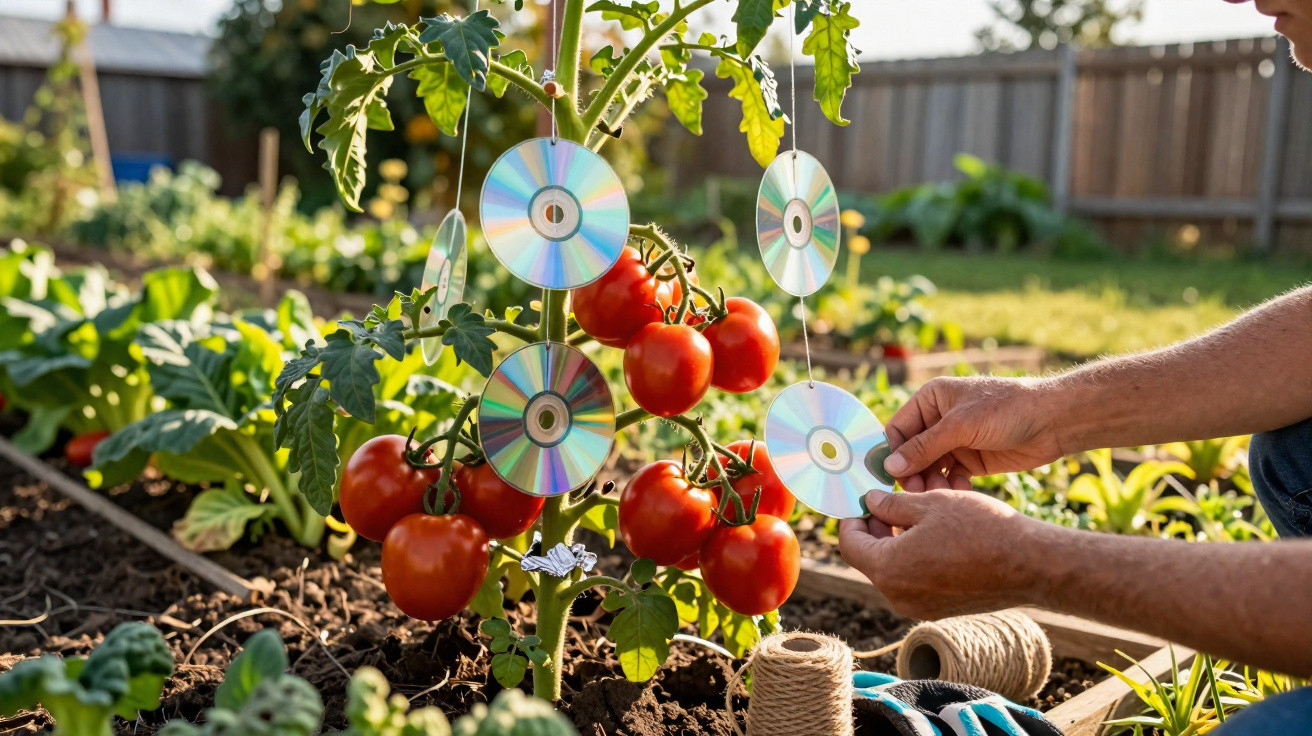 Plant de tomates avec des CD suspendus pour éloigner les oiseaux dans un jardin ensoleillé.