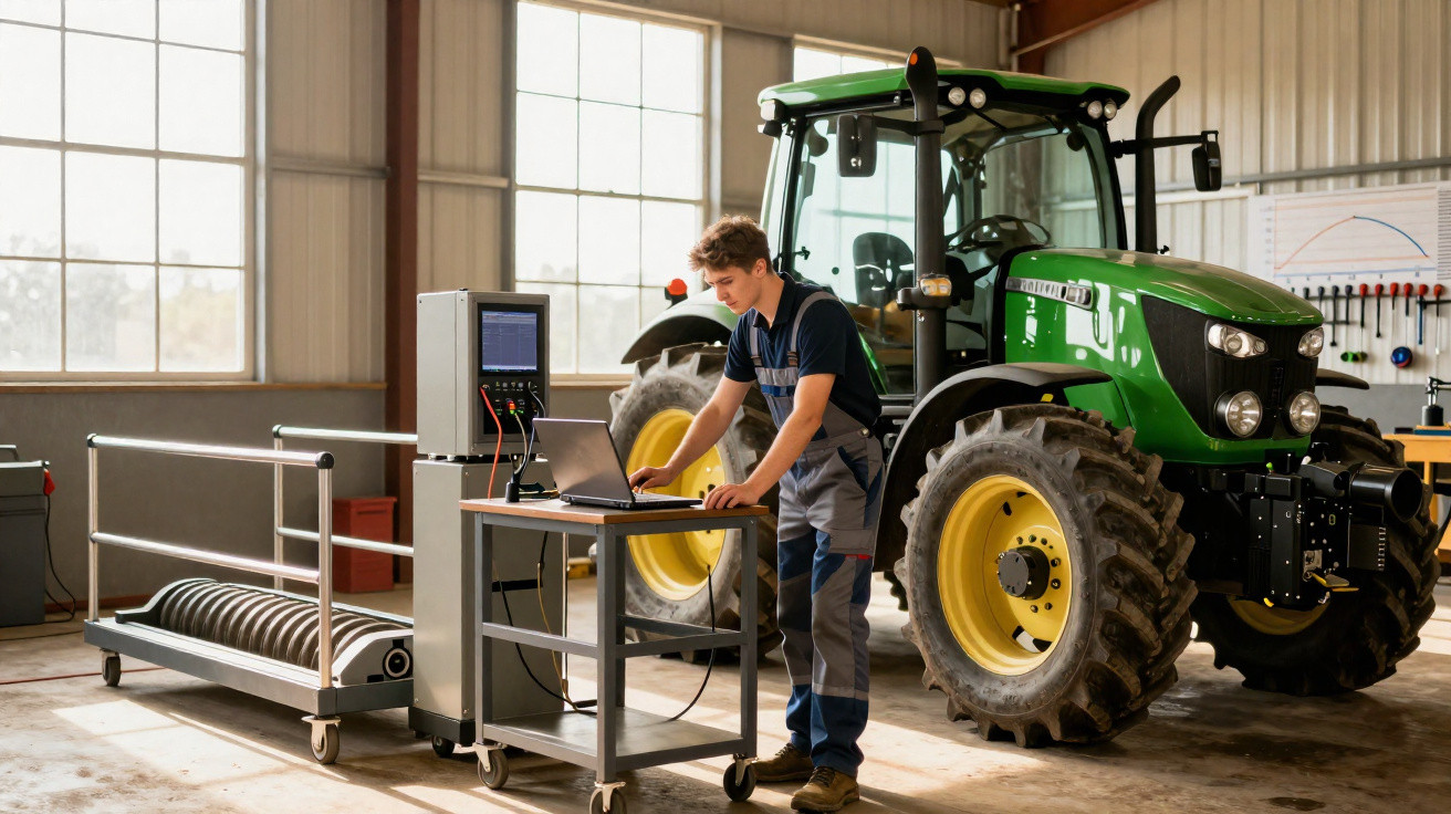 Technicien en bleu de travail teste un tracteur vert dans un atelier agricole lumineux avec matériel informatique.