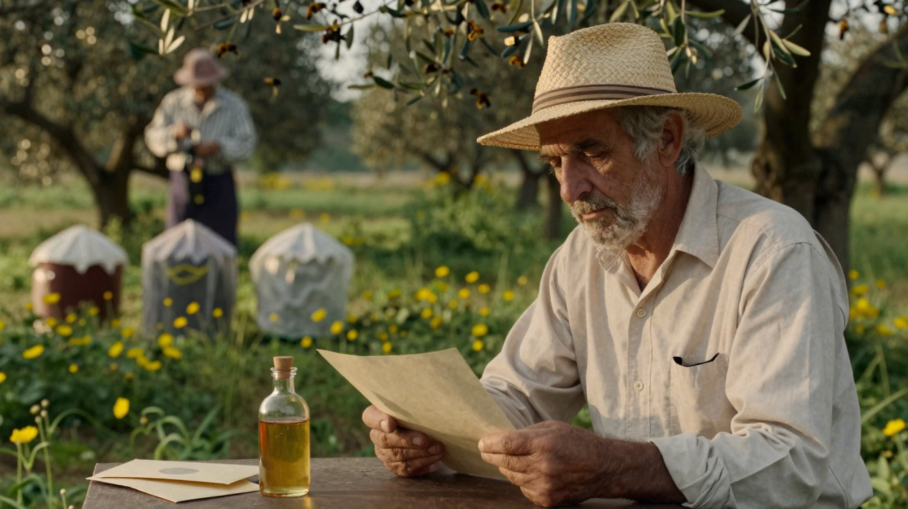 Homme âgé avec chapeau de paille lisant une lettre à l'extérieur près d'arbres et d'une bouteille d'huile.