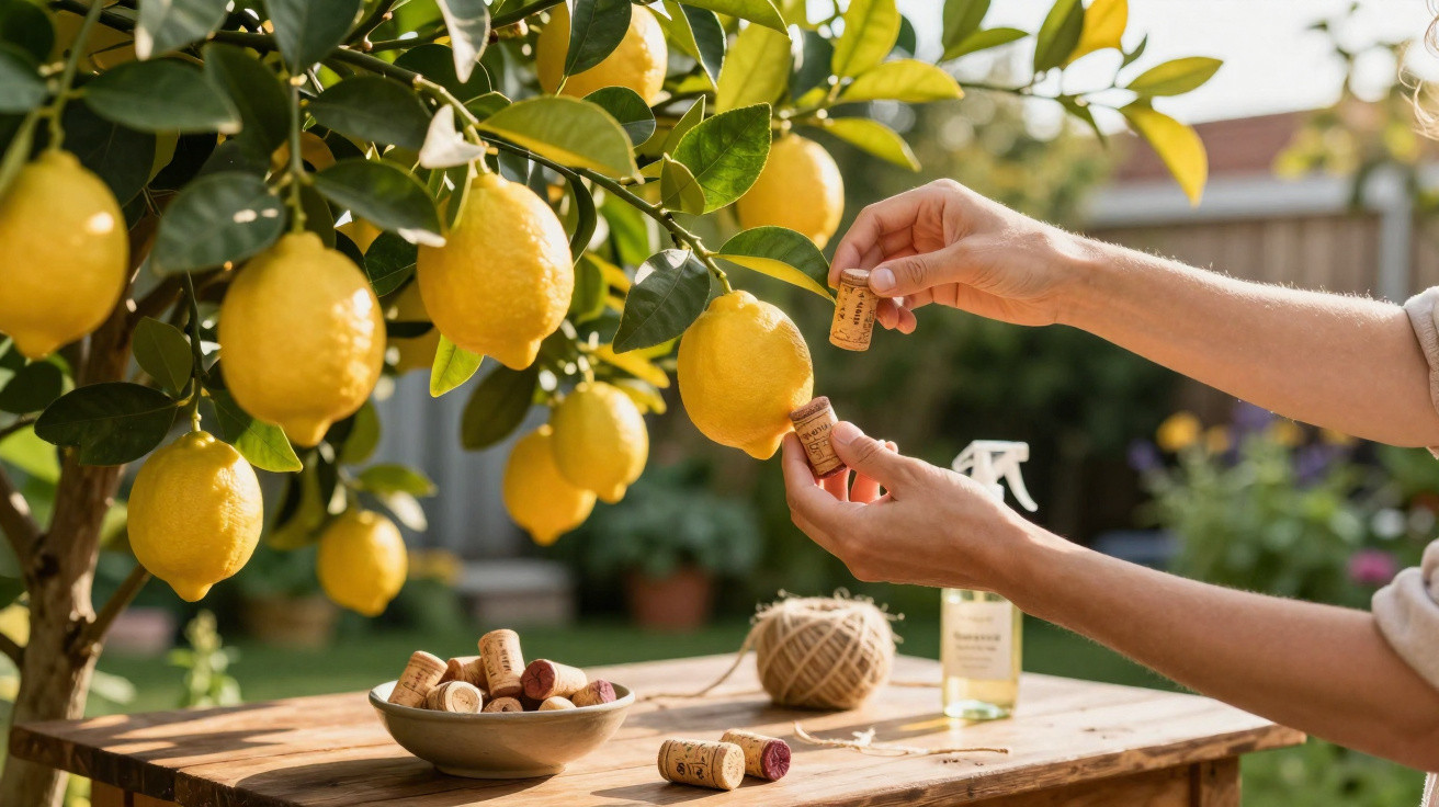 Deux mains accrochent un bouchon de liège à un citron sur un arbre au-dessus d'une table en bois.