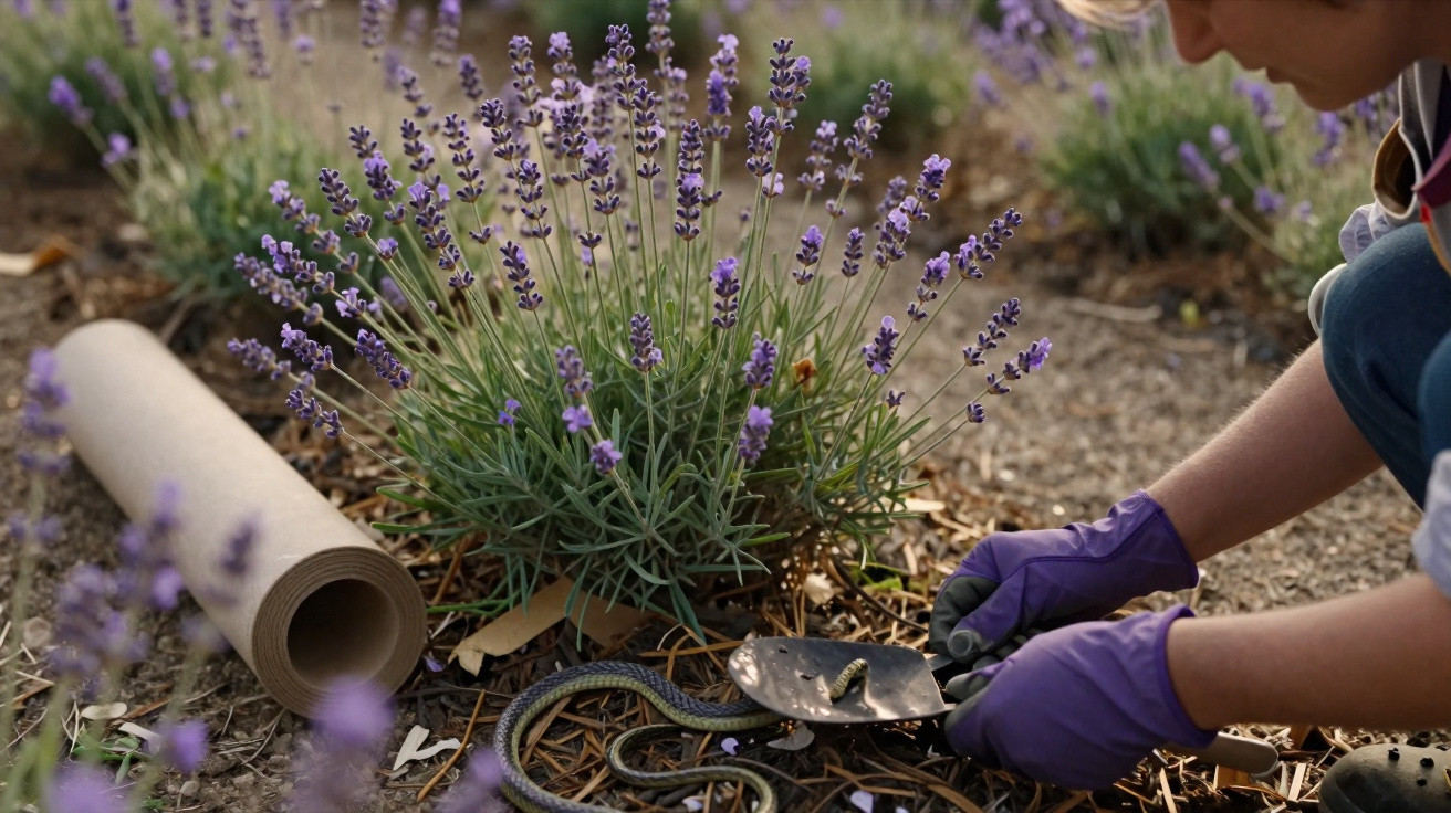 Personne en gants violets manipulant un serpent près de plants de lavande en pleine terre.