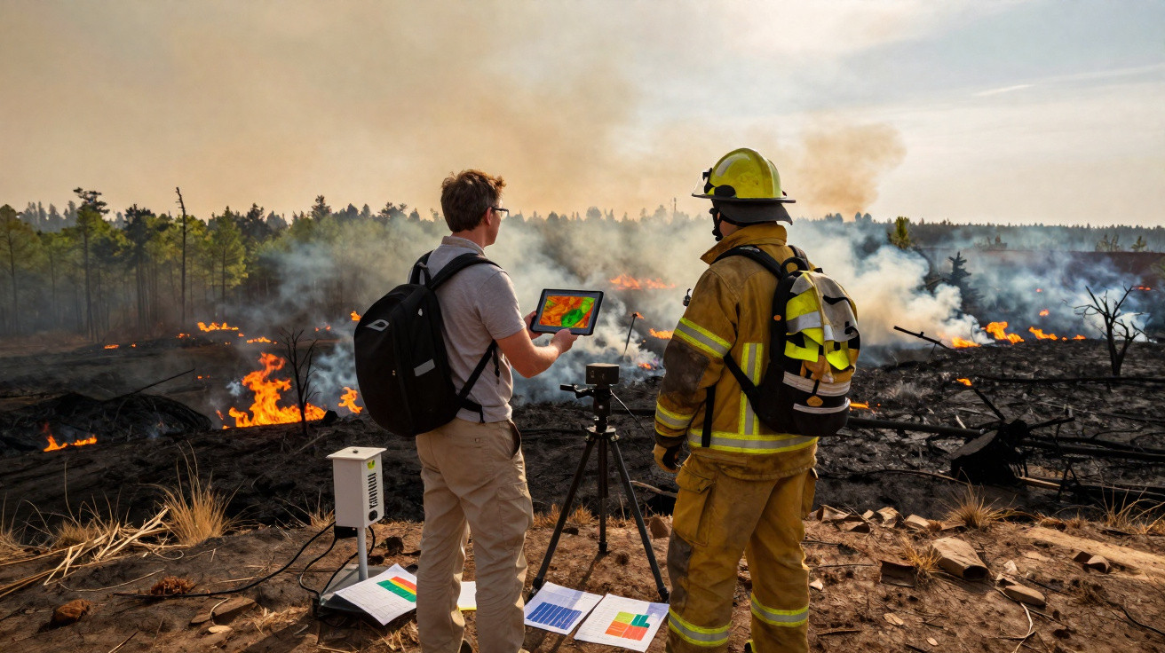 Un scientifique et un pompier analysent un feu de forêt avec des équipements de surveillance et une tablette.