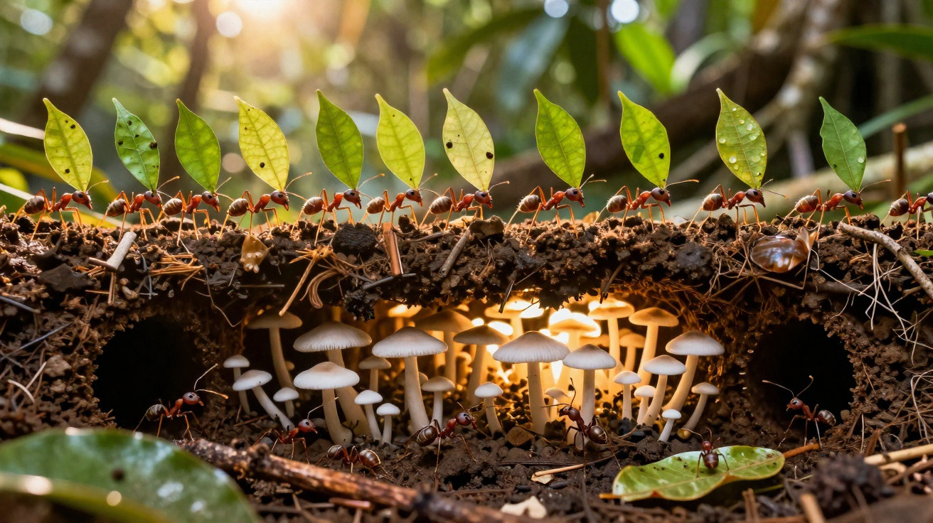 Fourmis transportant des feuilles au-dessus d’un nid avec des champignons blancs éclairés à l’intérieur.