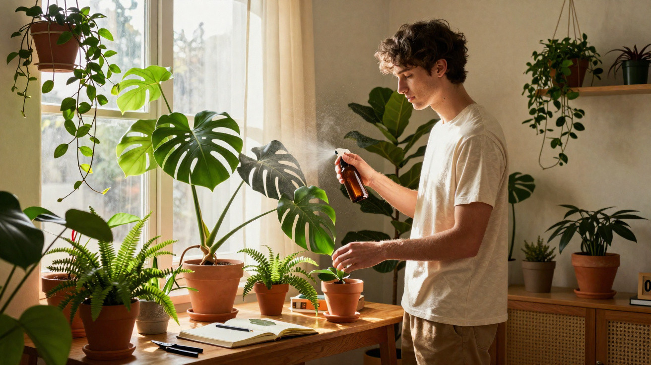 Jeune homme arrosant ses plantes d’intérieur près d’une fenêtre lumineuse dans une pièce décorée.