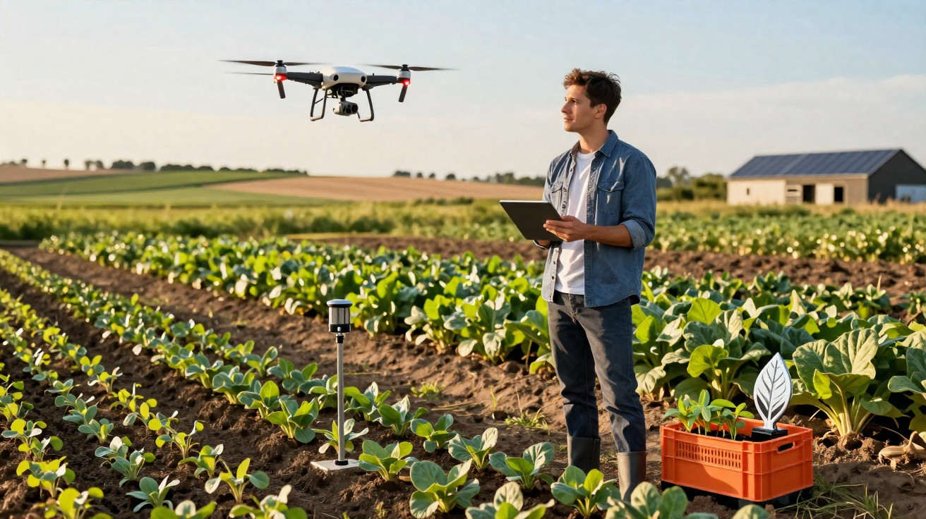 Agriculteur utilisant une tablette pour piloter un drone au-dessus d’un champ de légumes verts.