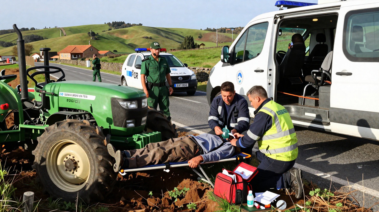 Secouristes et policiers assistent un homme blessé au sol près d’un tracteur sur une route de campagne.