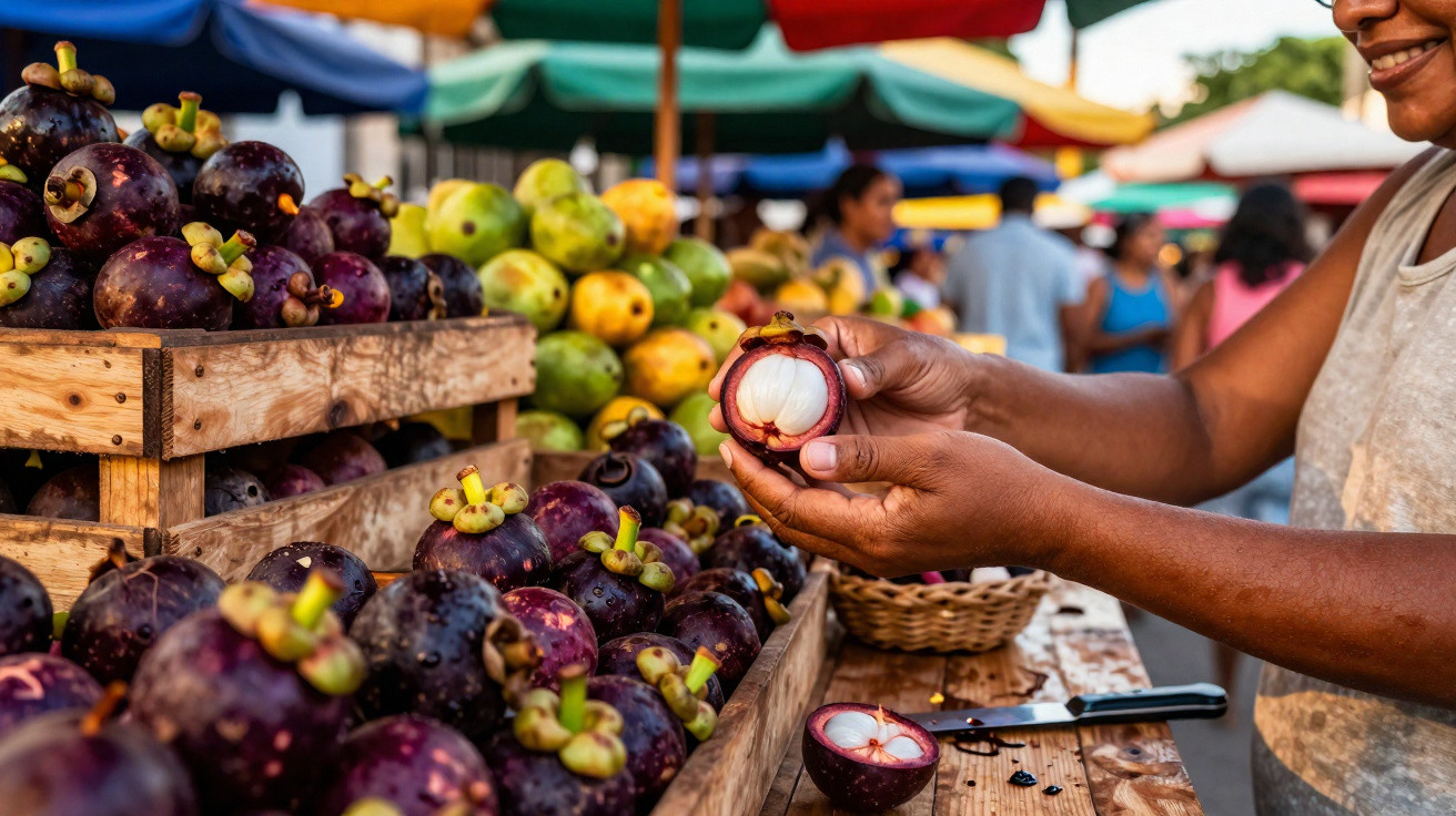 Marché en plein air avec une personne tenant un fruit mangoustan coupé, entourée de paniers de fruits frais colorés.