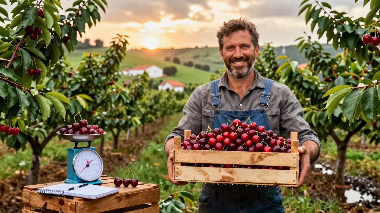 Homme souriant tenant une caisse de cerises mûres dans un verger au coucher du soleil.