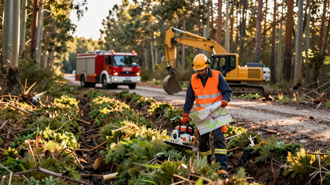 Homme en gilet et casque de sécurité tenant une carte et une tronçonneuse dans une forêt avec camion incendie et pelleteuse.