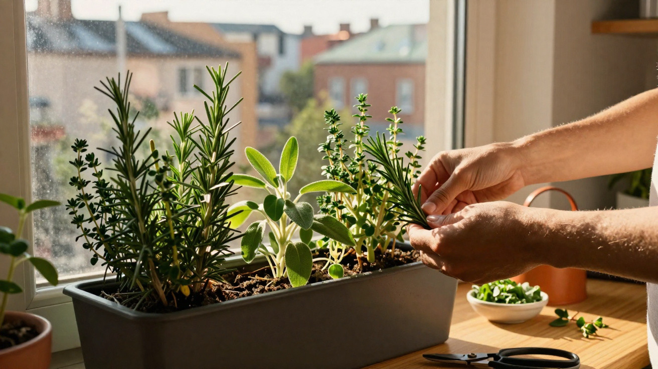 Main cueillant des herbes aromatiques fraîches dans un pot rectangulaire sur le rebord d'une fenêtre ensoleillée.