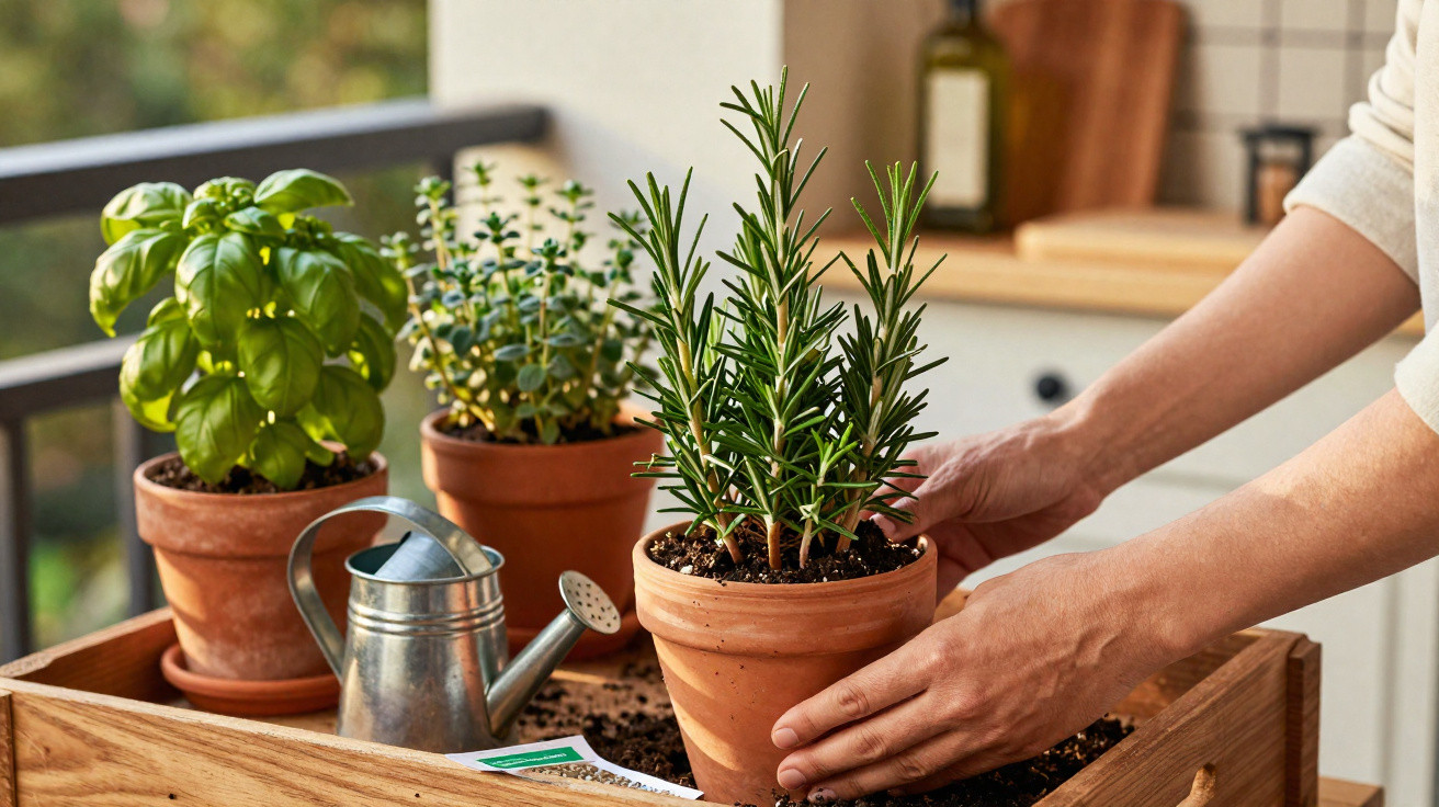Main plaçant un pot de romarin à côté d’autres herbes aromatiques en pots sur un plateau en bois.