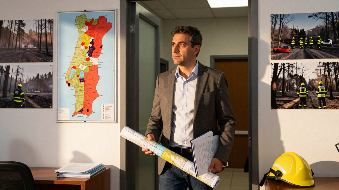 Homme en costume tenant des plans dans un bureau avec des photos d'incendies et une carte murale.
