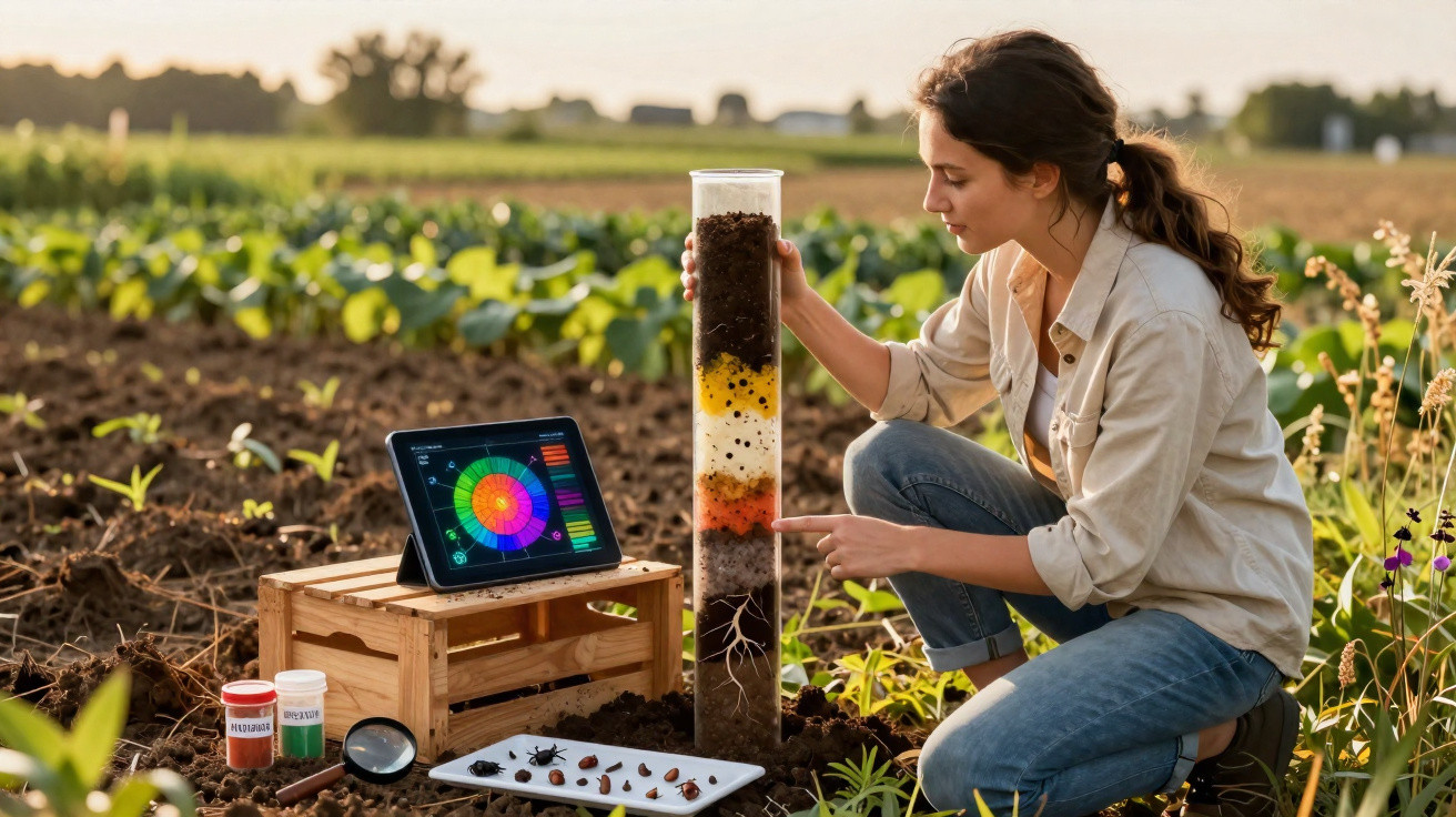 Femme analysant un échantillon de sol en couches dans un champ avec tablette et outils scientifiques.