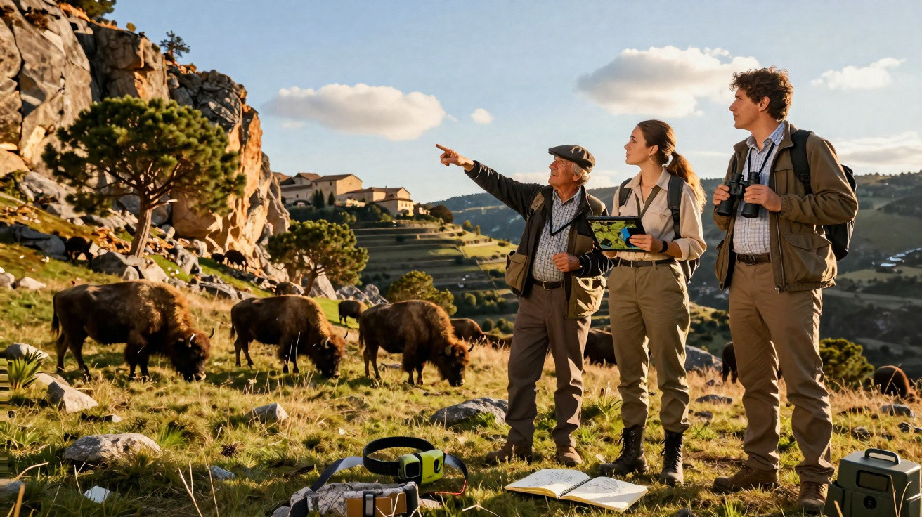 Trois naturalistes observer des bisons dans un paysage montagneux au coucher du soleil.