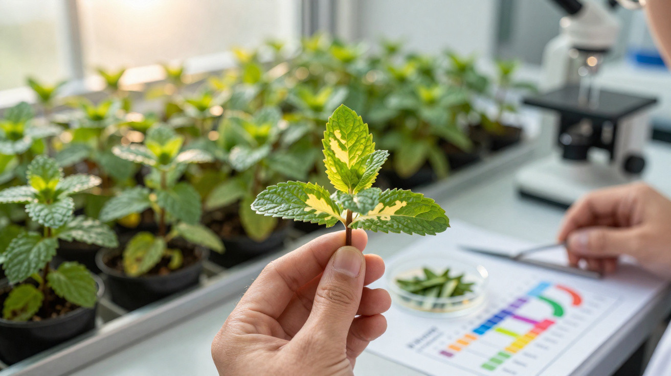 Main tenant une feuille de plante verte panachée en laboratoire avec microscope et graphique en arrière-plan.