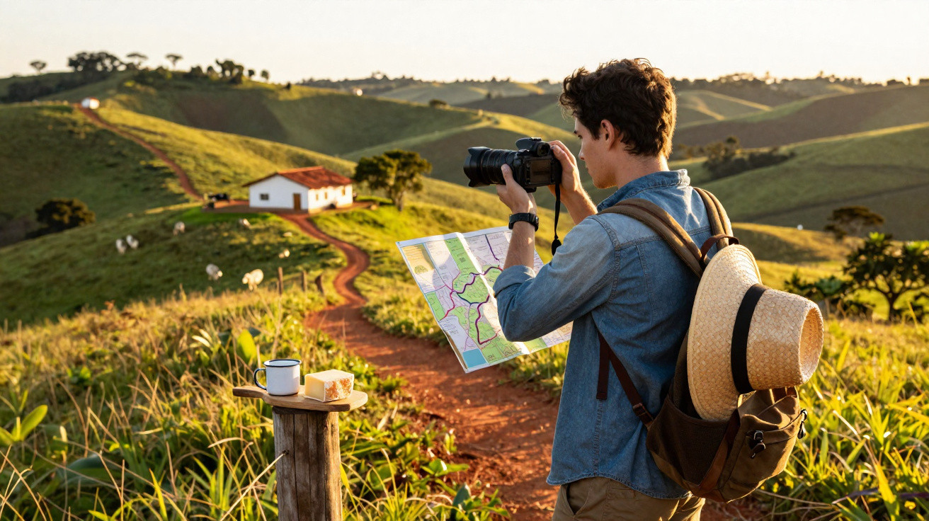 Jeune homme avec appareil photo et carte, observant un paysage rural au coucher du soleil.