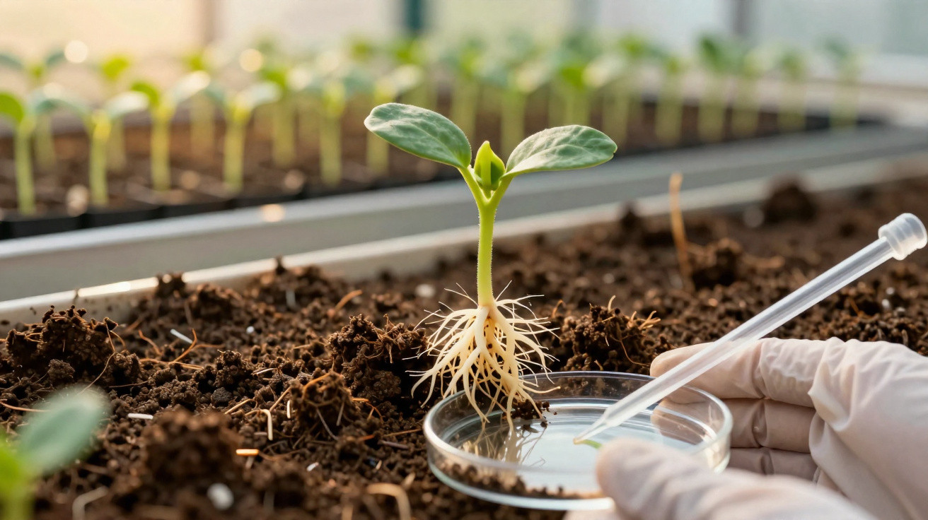 Jeune plant avec racines visibles au-dessus du sol, manipulé avec une pipette en laboratoire agricole.