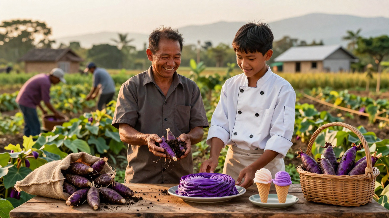 Un homme et un enfant en cuisinier préparent des aliments à base de patate douce violette dans un champ.