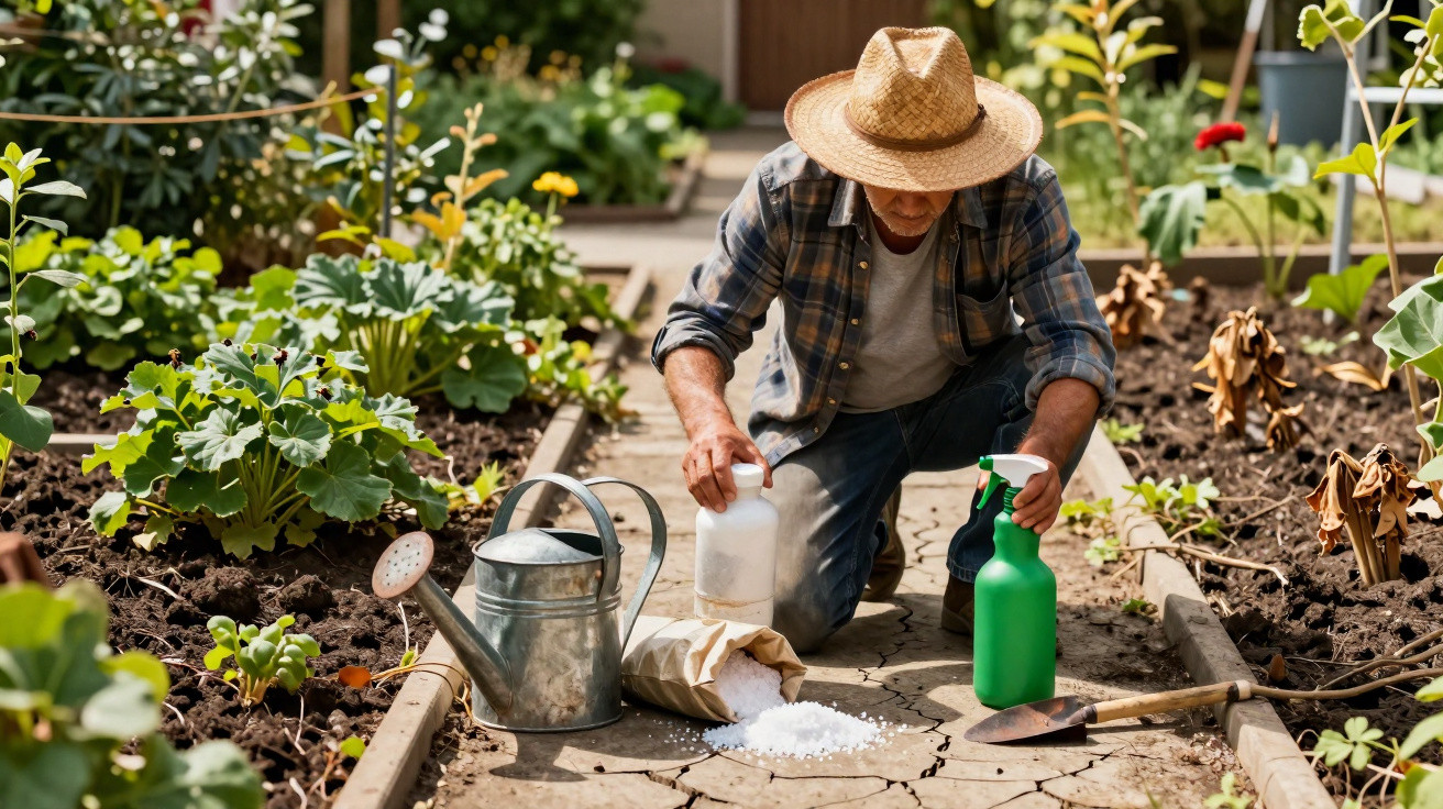 Homme en chapeau arrosant et soignant des plantes dans un jardin potager ensoleillé.