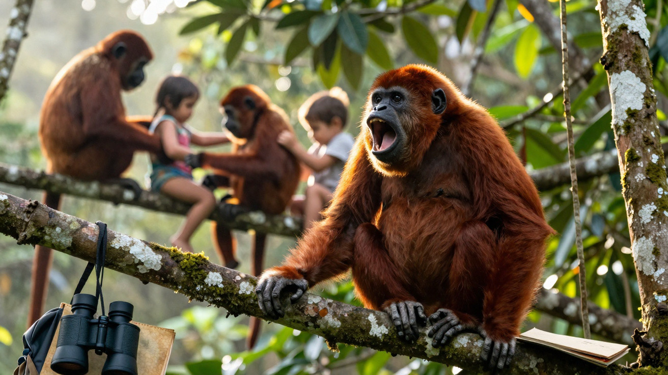 Un singe hurleur rouge sur une branche, enfants et autres singes en arrière-plan dans une forêt.