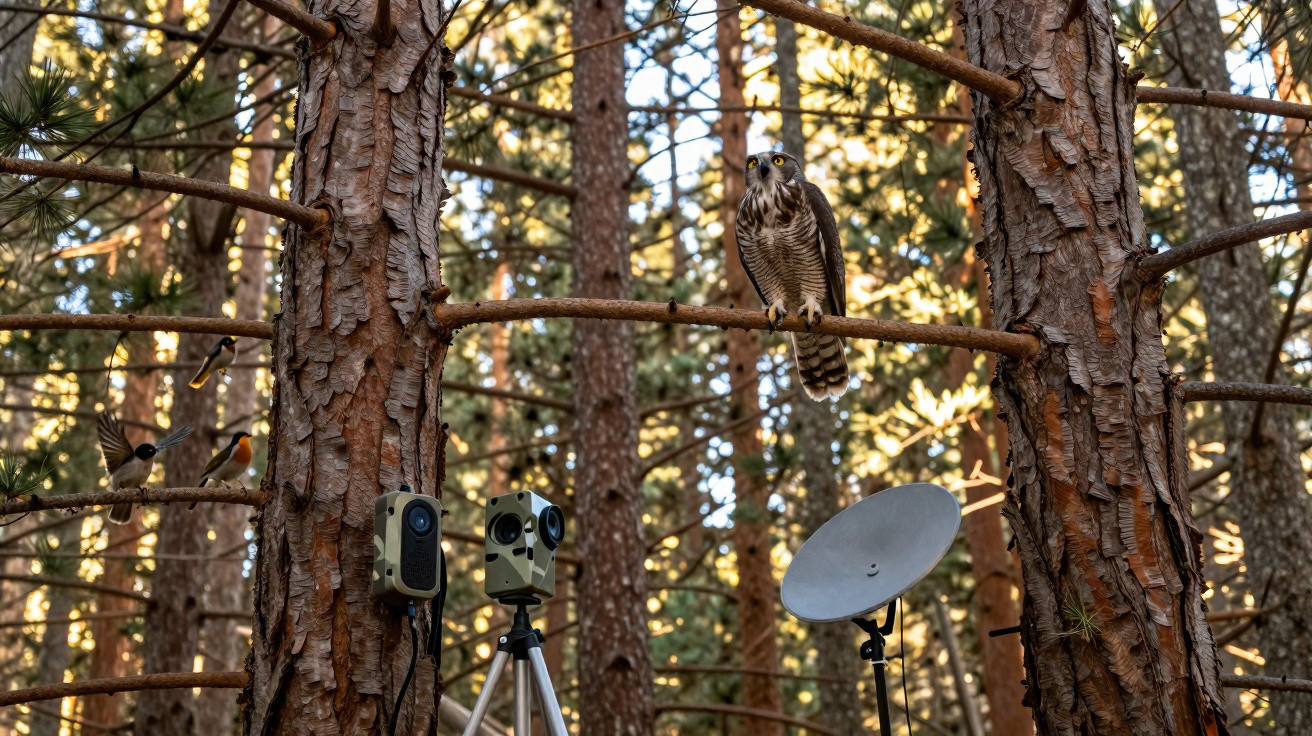 Faucon perché sur branche en forêt, entouré d'oiseaux, caméras et équipement d'observation.