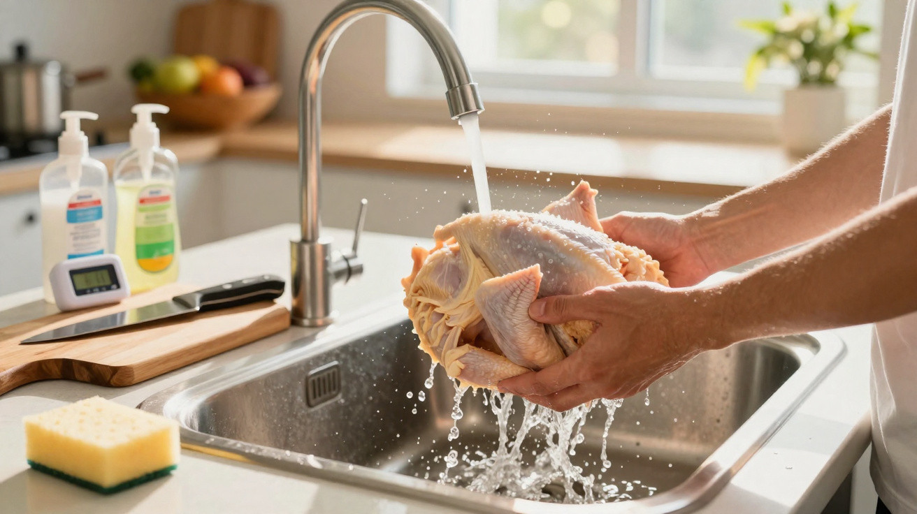 Une personne rince un poulet cru sous l'eau dans un évier de cuisine moderne.