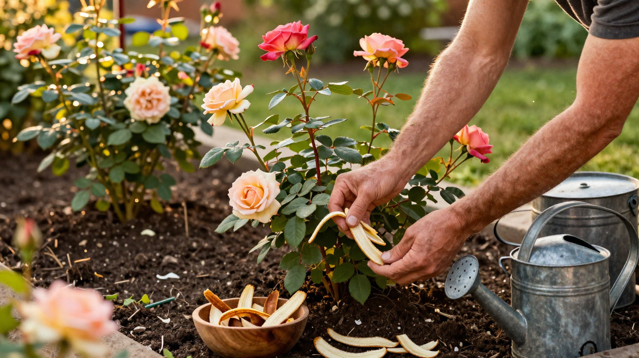 Une personne étale des pelures de banane autour de rosiers en fleurs dans un jardin potager.
