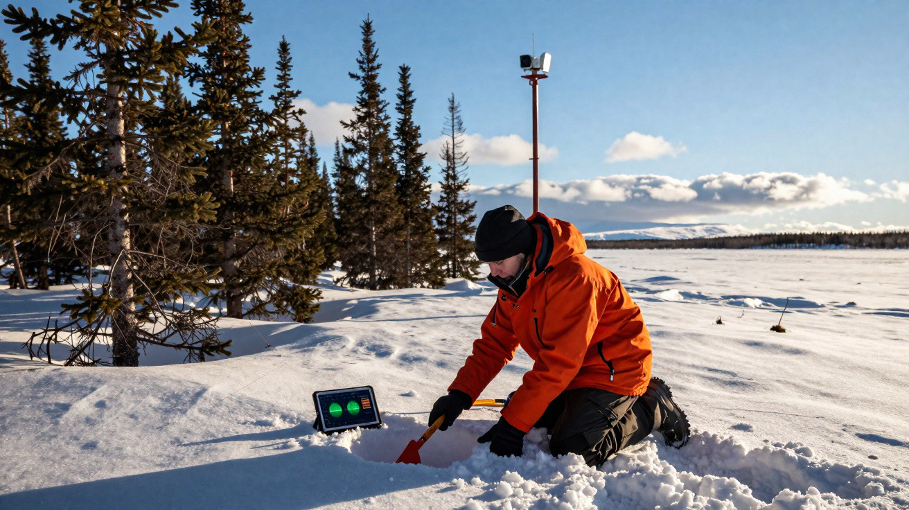 Homme en veste orange creusant la neige près d'un appareil électronique dans un paysage enneigé et boisé.