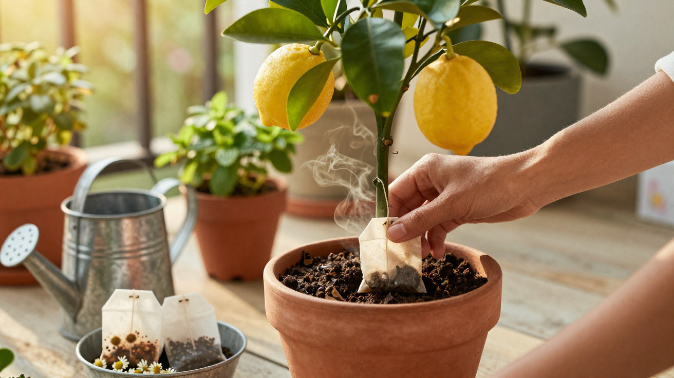 Main insérant un sachet de thé usagé dans un pot de terreau sous un citronnier en pot.