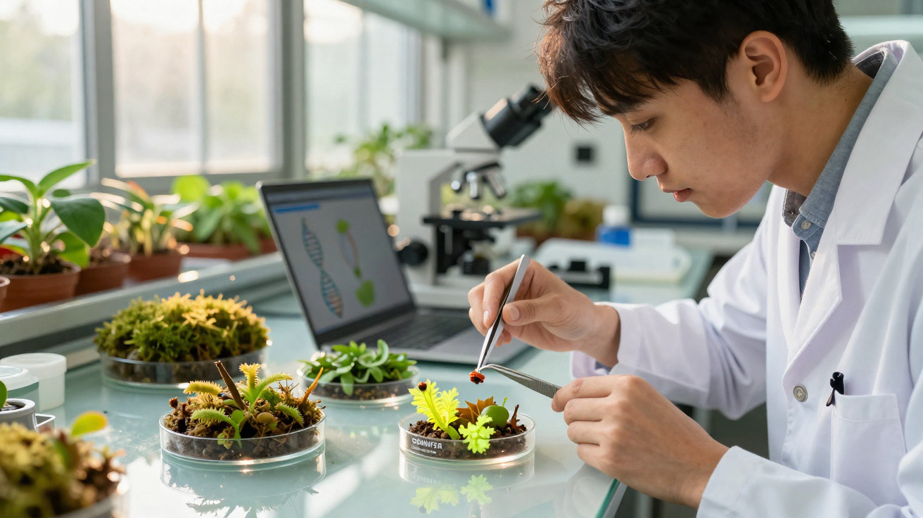 Chercheur en blouse blanche manipulant une coccinelle sur une plante en laboratoire botanique moderne.