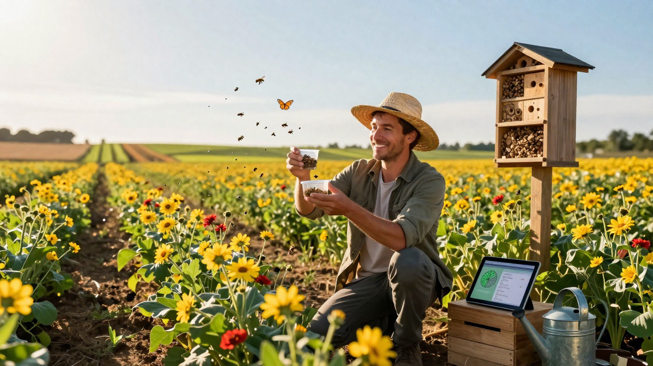 Agriculteur souriant libérant des abeilles dans un champ de fleurs jaunes sous un ciel bleu clair.