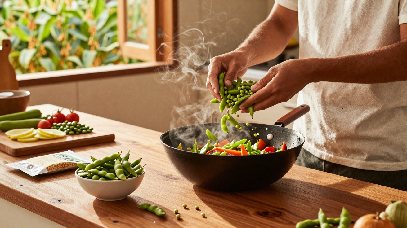 Personne cuisinant des légumes frais dans un wok fumant sur un plan de travail en bois.