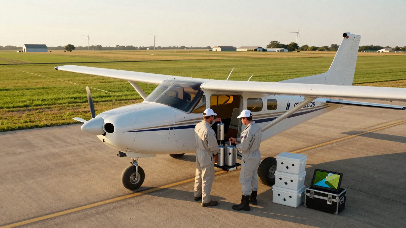 Deux techniciens en combinaison chargent du matériel scientifique dans un petit avion blanc sur une piste.
