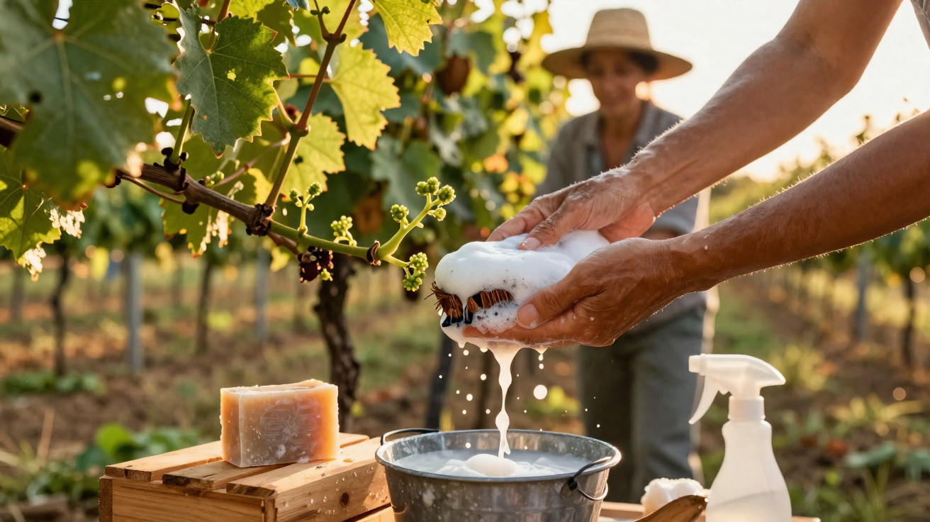 Deux mains savonnent des grappes de raisin dans un seau en métal, vigne en arrière-plan.