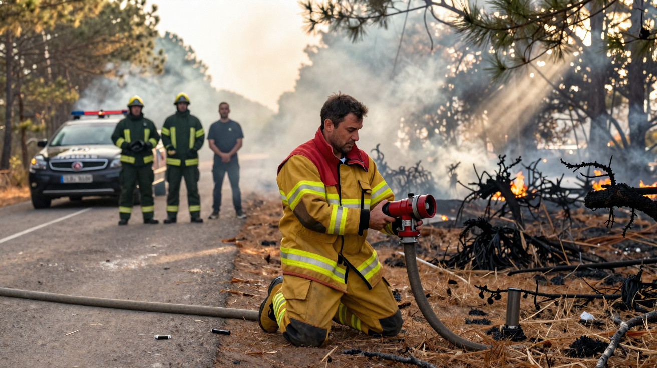 Un pompier en tenue jaune prépare une lance d'incendie près d'une forêt brûlée, avec trois autres pompiers en arrière-plan.