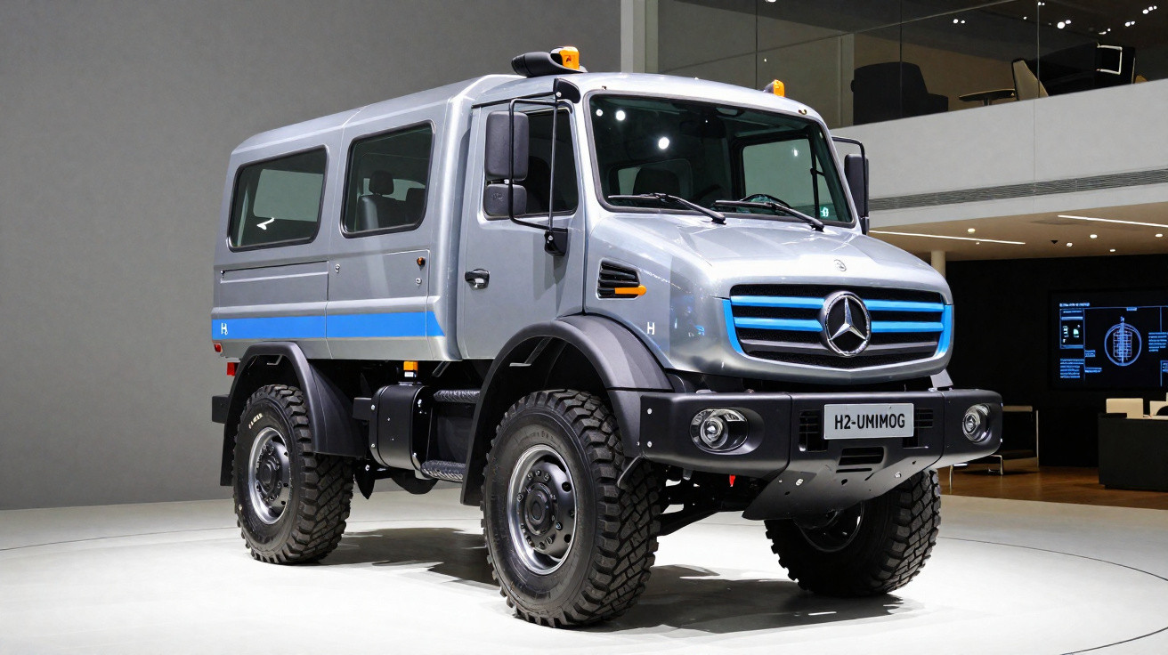 Véhicule tout-terrain Mercedes-Benz Unimog H2 exposé en intérieur avec carrosserie grise et bande bleue.