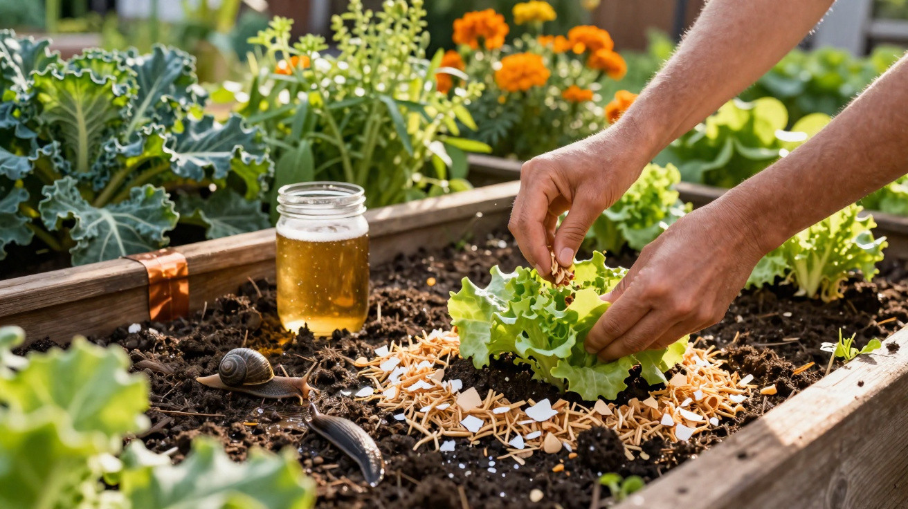 Mains plantant une laitue dans un potager surélevé avec des escargots, des coquilles d'œufs et un bocal de liquide.